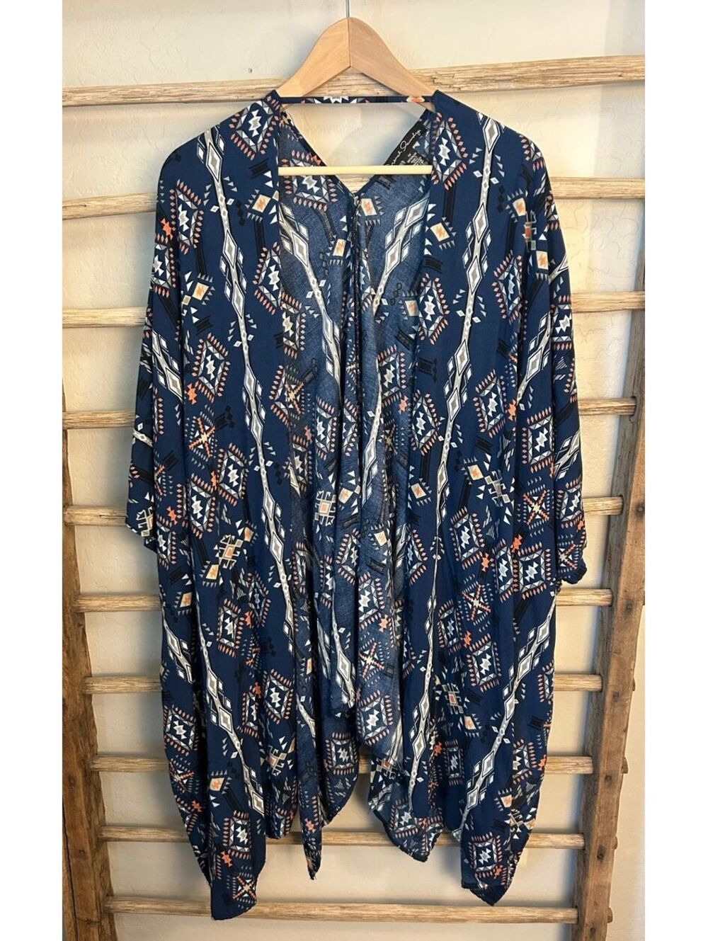 French Laundry Women's Blue Geometric Print Rayon Kimono Cardigan Size XS